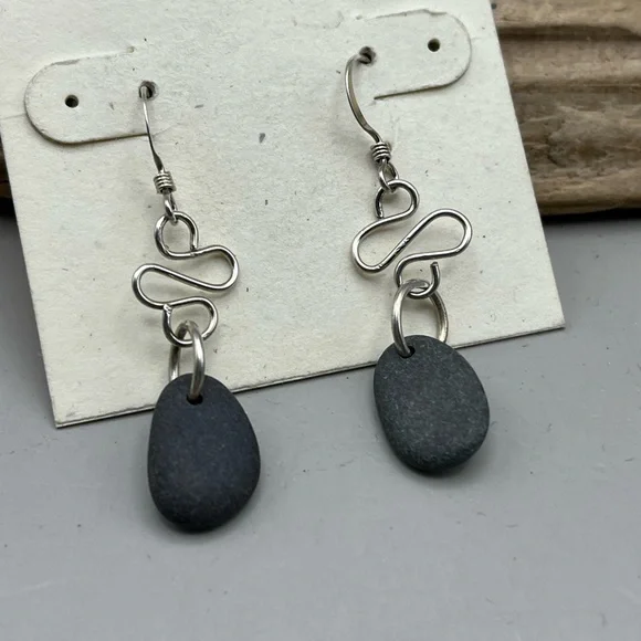Handmade Sterling Silver Wire Wrapped Natural Beach Rock Drop Earrings - Picture 1 of 3
